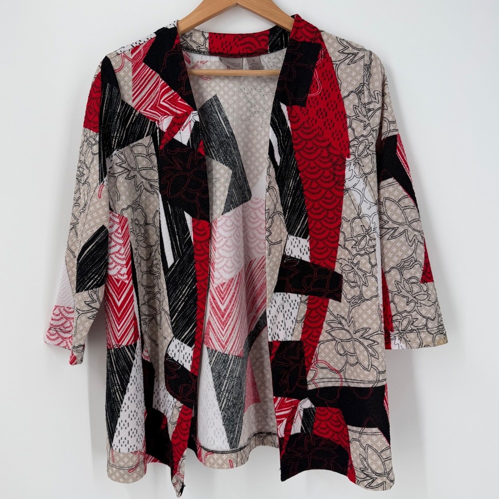 Chico's Easywear Red Black Abstract Geometric Open Front Cardigan Sz 1 Medium
